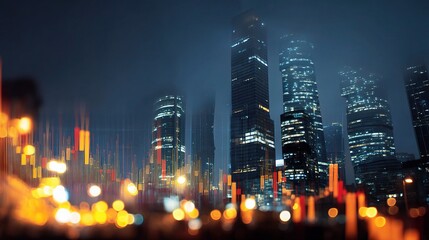 Double Exposure of Financial Graph Over City Skyline at Night
