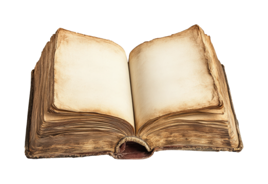 Ancient book displaying blank pages library vintage knowledge. Isolated on transparent background, png.