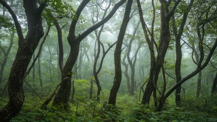 Naklejka premium A misty forest scene with lush greenery and towering trees in a natural setting.