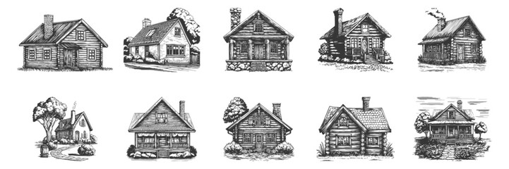 Vintage Cottage And Cabin Illustrations Set. Rustic Architecture And Countryside Living In Hand Drawn Sketch Style. Isolated Vector Illustration