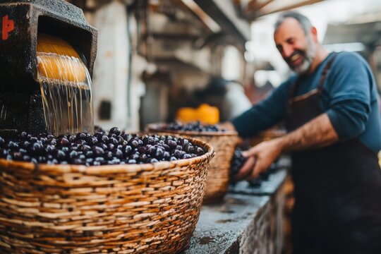 Egyptian man working with baskets of olives in a traditional market, showcasing the rich culture and heritage of olive oil production, healthy eating concept - Powered by Adobe