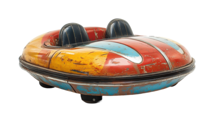 Vintage bumper car ride amusement park nostalgic toy colorful. Isolated on transparent background, png.