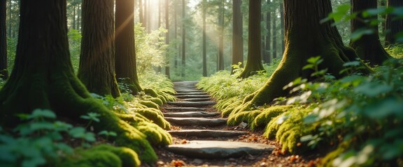 Tranquil Forest Path with Mossy Tree Roots and Stone Steps in Natural Light