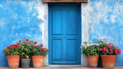 Inviting entrance: a vibrant blue door with terracotta potted geraniums accentuating