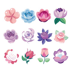 Collection of twelve stylized flower illustrations in different colors