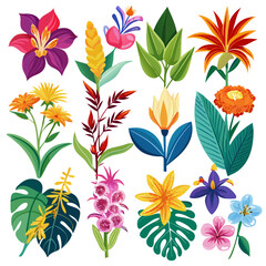 Vibrant Vector Tropical Flowers and Leaves Illustration