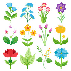 Diverse Cartoon Flower Set on White Background Illustration