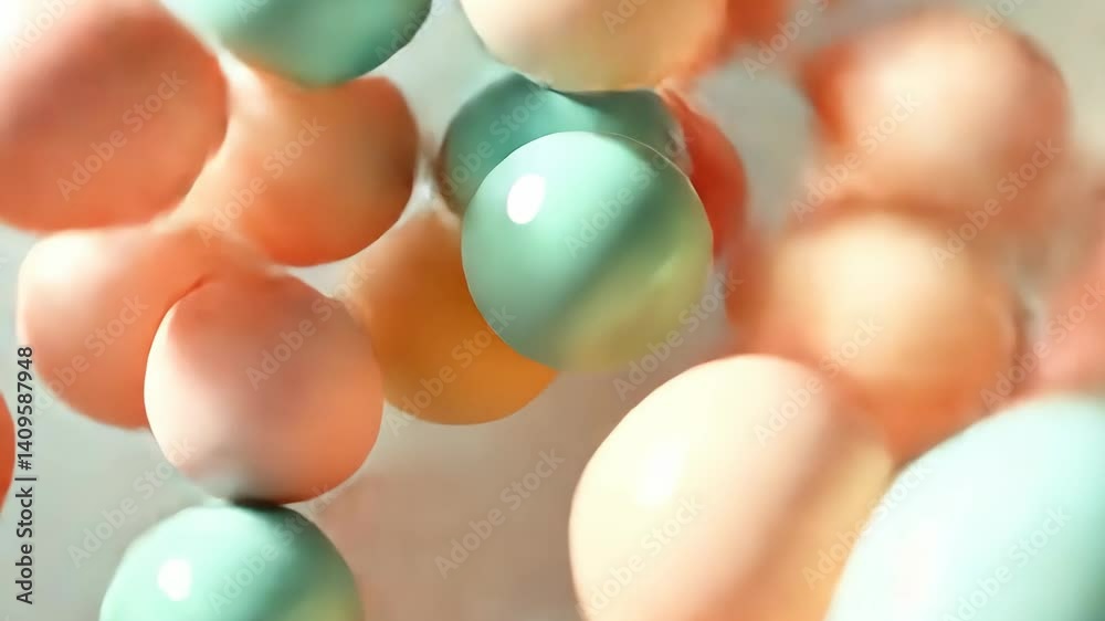Poster pastel-colored spheres floating in soft light.