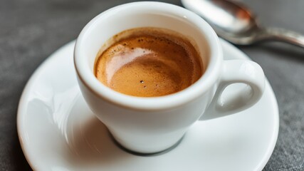 Fototapeta premium A close up of espresso in a white cup, dark and foamy, with a spoon.