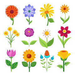 Variety of colorful flower illustrations on a white background