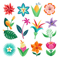 Colorful Vector Tropical Flowers and Leaves Illustration