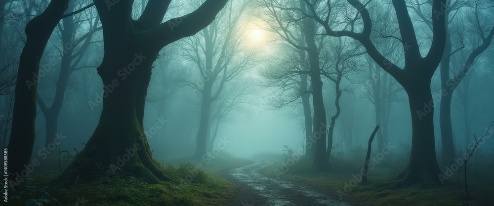 Poster foggy forest path with towering trees, bathed in soft sunlight, evokes mystery and tranquility in a 