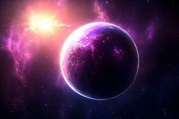 Obraz premium Cosmic planet bathed in vibrant nebular light.