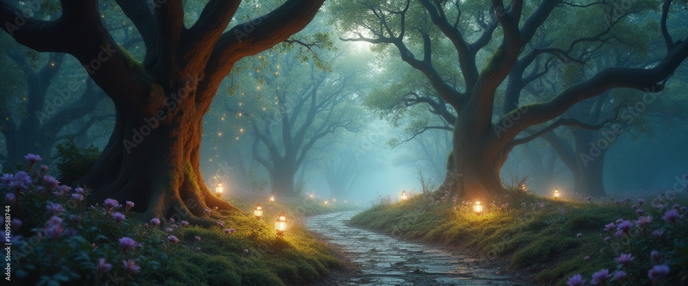 Poster Enchanted Forest Path with Glowing Lanterns and Ancient Trees in a Magical, Mystical Setting