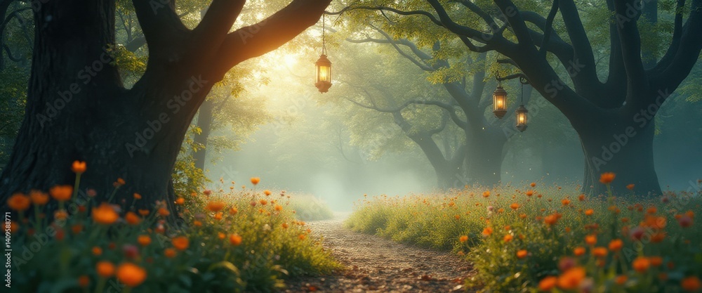 Poster enchanted forest path with glowing lanterns and orange flowers in a mystical setting