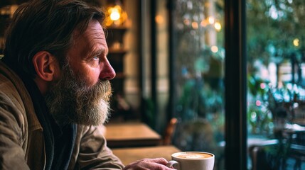 Thoughtful Middle Aged Man Enjoying Coffee in Cozy Shop