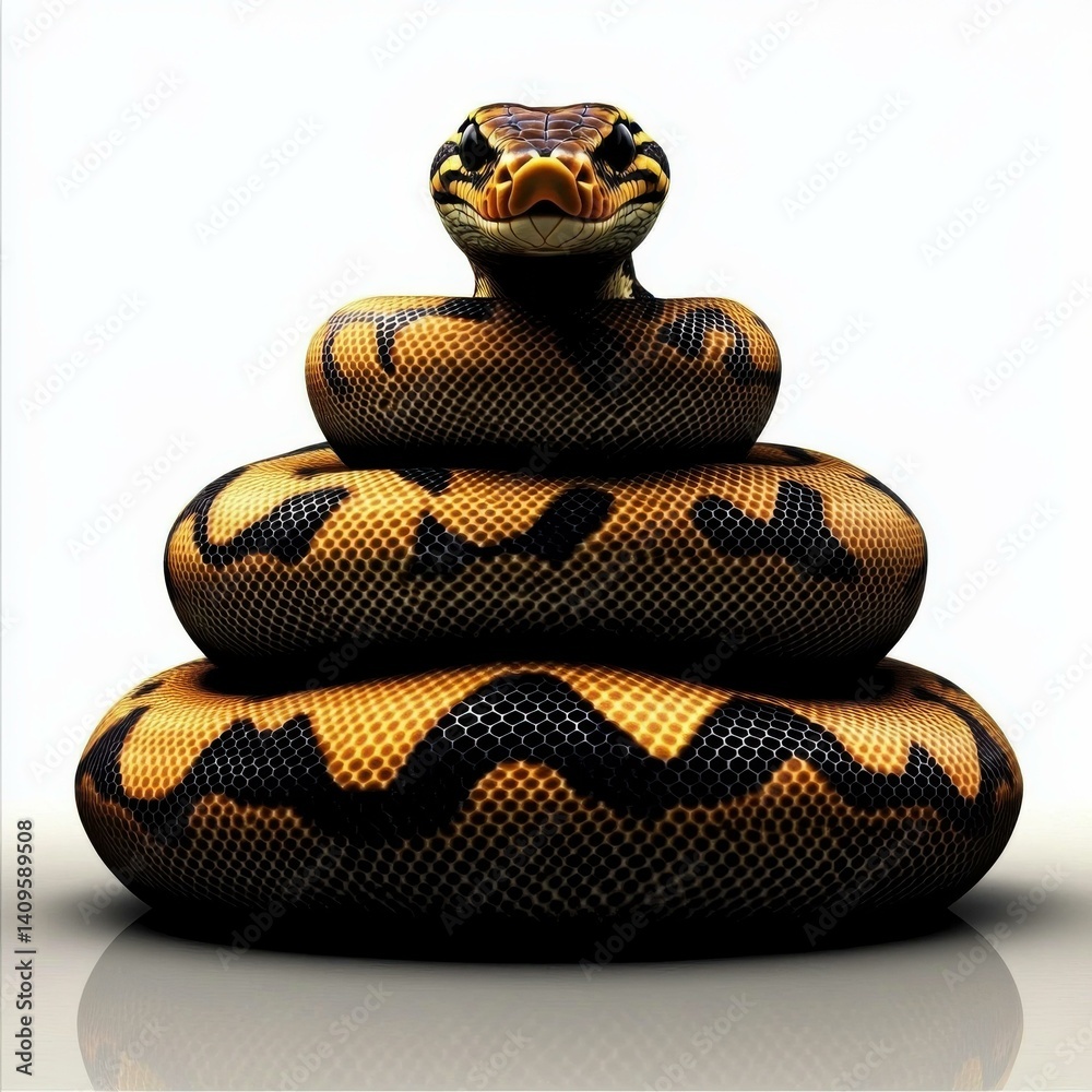 Poster captivating burmese python coiled elegantly on a reflective white surface, showcasing intricate patt