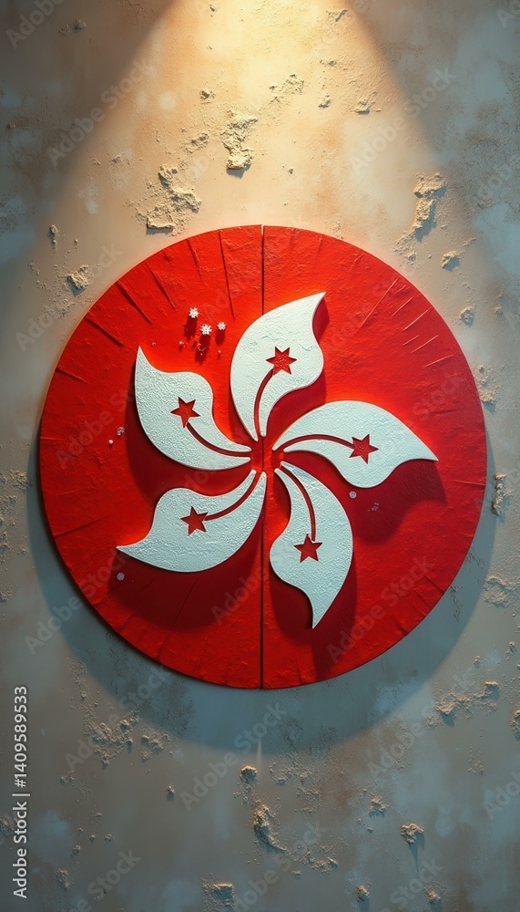 Poster vibrant graphic image of emblematic flower on red circle displayed against a textured neutral backgr