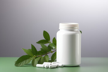small white bottle dietary supplement on the green background
