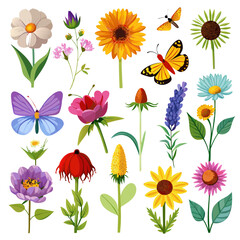 Floral Assortment with Butterflies, Watercolor Style Illustration
