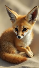 Adorable Fennec Fox Kit Portrait: Captivating Close-Up on Sand, Big Ears, Expressive Eyes, and Golden Fur in the Desert