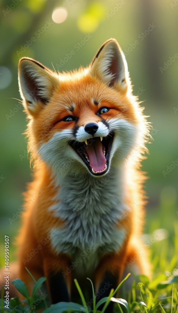 Poster an expressive red fox captured in a sunny forest setting, displaying a cheerful open mouth, with det