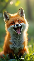 Fototapeta premium An expressive red fox captured in a sunny forest setting, displaying a cheerful open mouth, with detailed fur and blue eyes shinin