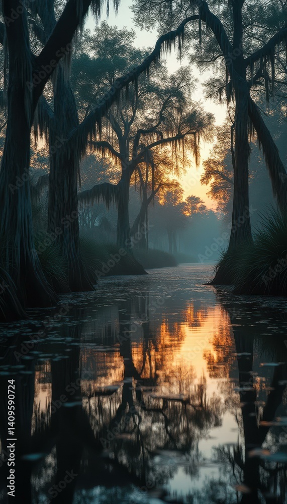Poster Mysterious swamp at twilight with moss-covered cypress trees and reflections in dark water, creating a serene and moody nature landscape
