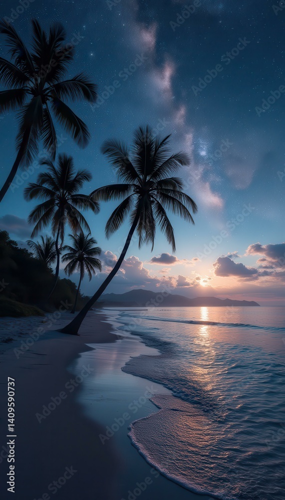 Poster a serene seascape at twilight featuring silhouetted palm trees against a backdrop of starry skies an