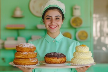 Smiling woman in pastel uniform holding delicious pastries in a vibrant bakery setting showcasing a variety of sweet treats and desserts healthy eating concept