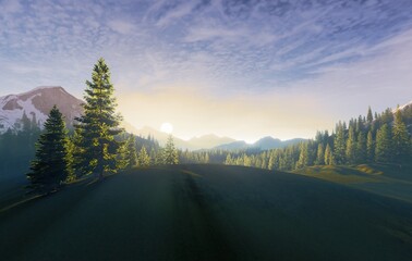 A Beautiful Serene Mountain Landscape at Dawn Surrounded by Misty Fog Creating a Calm Atmosphere