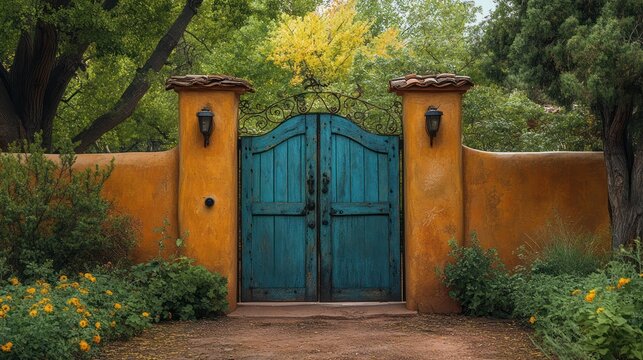 Southwestern charm: Turquoise gate amidst vibrant stucco and lush foliage