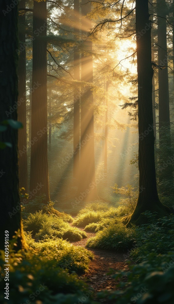 Poster enchanting forest path bathed in golden sunlight with towering trees and lush green undergrowth