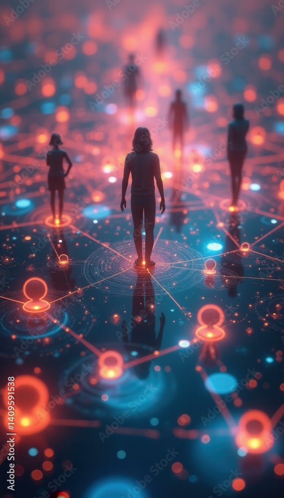 Poster futuristic digital network: figures connected in a luminous web of data and technology, exploring ar