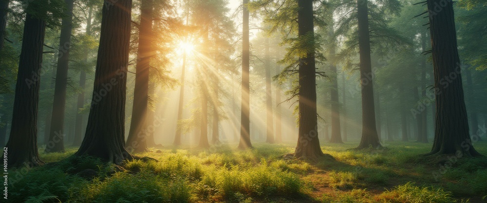 Poster sunlight streams through tall trees in a misty, tranquil forest, illuminating ferns on the forest fl