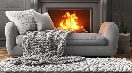 Cozy Living Room Scene with Fireplace Couch and Textured Accents