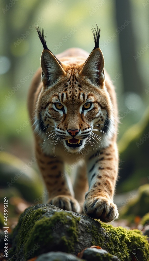 Poster Lynx Prowling on Mossy Rock in Forest - Close-Up Portrait of Wild Cat with Intense Gaze and Sharp Teeth