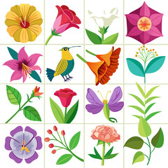 Colorful Vector Flowers and Bird Illustration Pattern Design