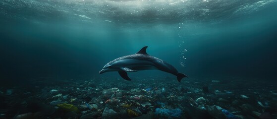 A dolphin swims gracefully through a polluted underwater environment, highlighting the impact of waste on marine life.