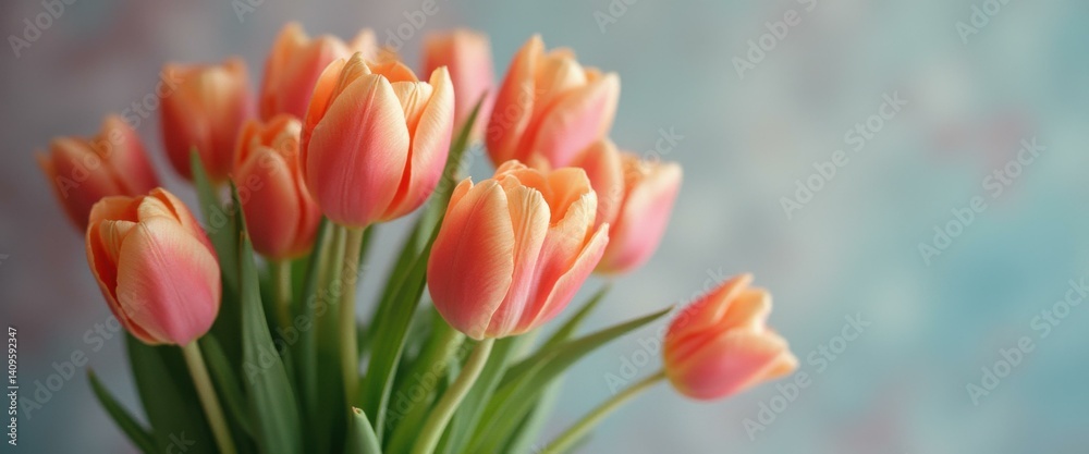 Poster Peach Tulips Bouquet Displayed Against a Soft Blue Background in a Studio Setting