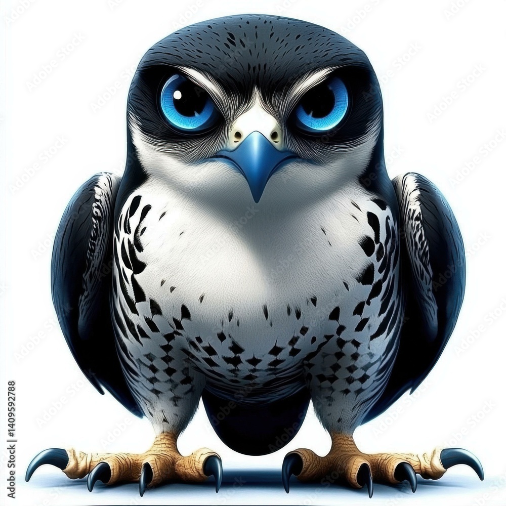Poster cartoon falcon character with blue eyes and sharp talons sitting on a white background with cute fea