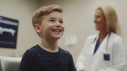 Obraz premium Happy young boy smiling during a visit to a medical office with attentive healthcare professional in the background emphasizing child care and wellness