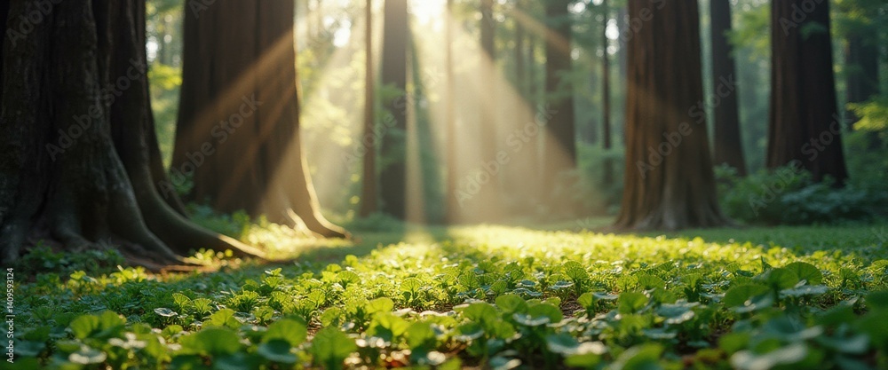Aufkleber sunlight streams through redwood forest illuminating clover meadow on forest floor