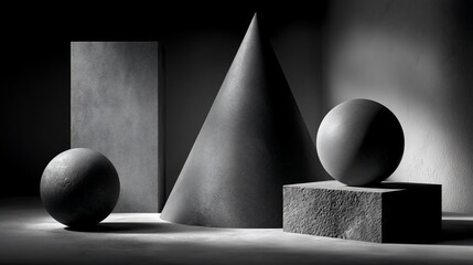 Monochromatic still life featuring geometric shapes; sphere, cone, cube, rectangular prism under dramatic lighting