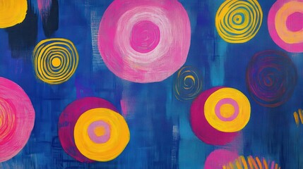 Vibrant circles and abstract strokes on a deep blue background.