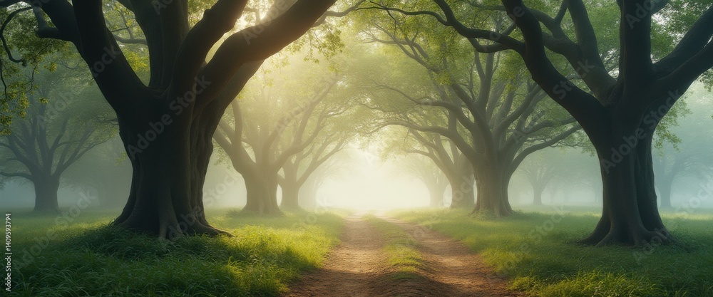 Poster Enchanted forest path with ancient trees and ethereal light filtering through the canopy, creating a mystical, serene atmosphere