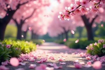 Fototapeta premium Soft pink sakura petals gently falling in a serene garden scene with blooming cherry blossoms and lush greenery, nature, spring