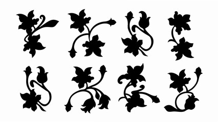 set of ornate floral or leaf patterns silhouette vector on white background