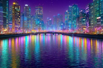Obraz premium Night Cityscape Reflection in Vibrant Purple and Blue Hues