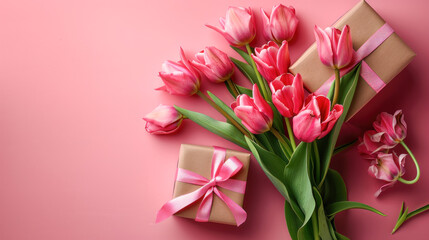 Fototapeta premium bouquet of tulips on pink background with copy space